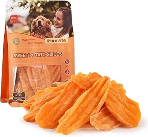 A bag of sweet potato chews for dogs.