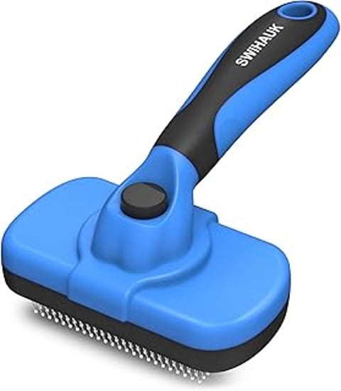 A blue Swihauk brush for grooming dogs and cats.