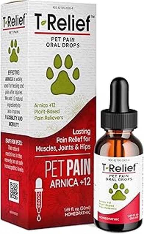 A bottle of T Relief Pet Pain Relief Drops.