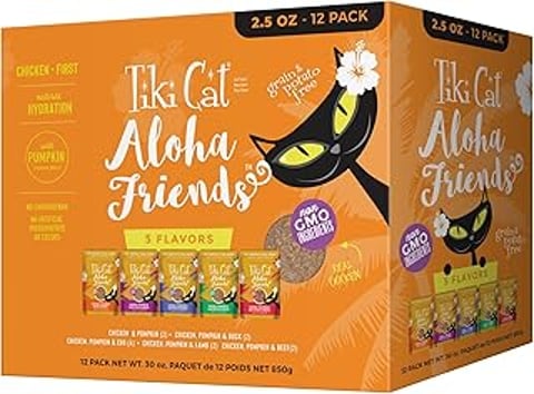 A box of Tiki Cat Aloha Friends variety pack.