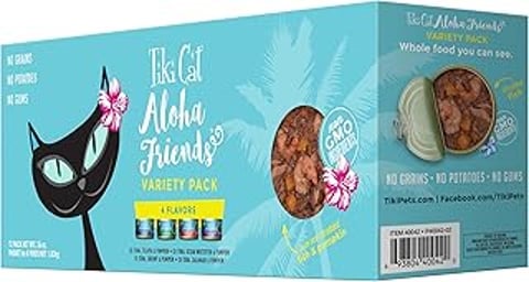 A box of Tiki Cat Aloha Friends Variety Pack.