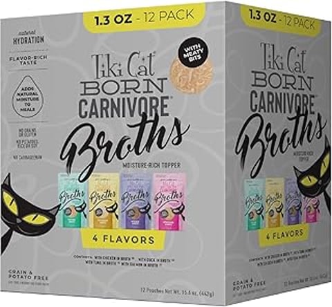 A box of Tiki Cat Born Carnivore Broths Variety Pack.