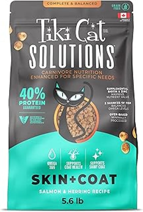 A bag of Tiki Cat Solutions Skin & Coat cat food.