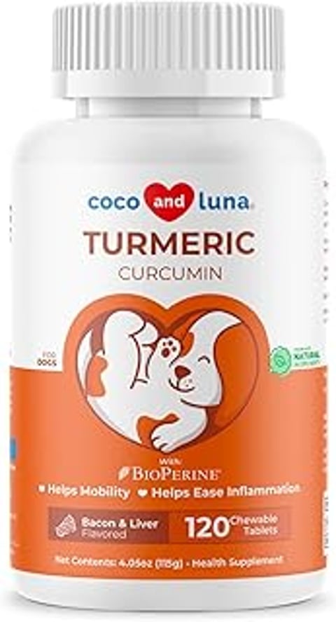 A bottle of turmeric for dogs.