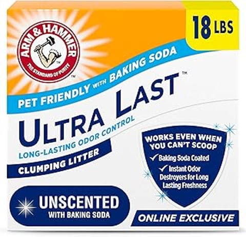 A box of Ultra Last Clumping Cat Litter.