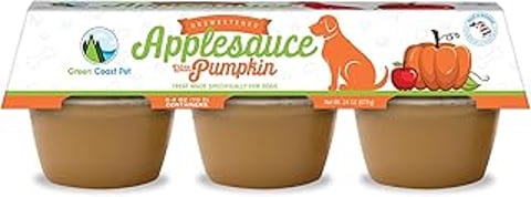 A container of unsweetened applesauce with pumpkin for dogs.