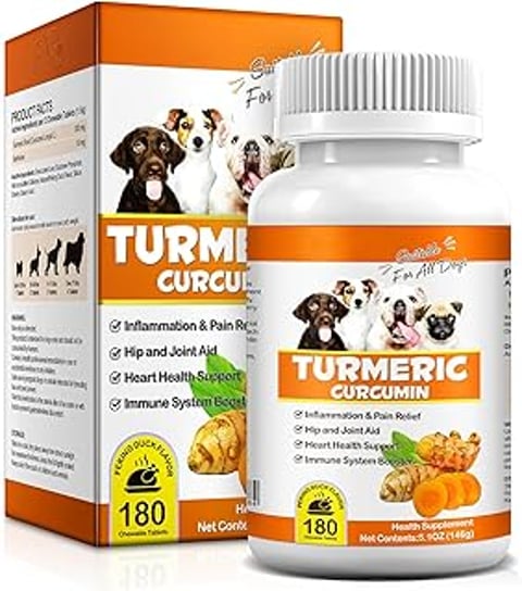 A bottle of Turmeric Curcumin for dogs.