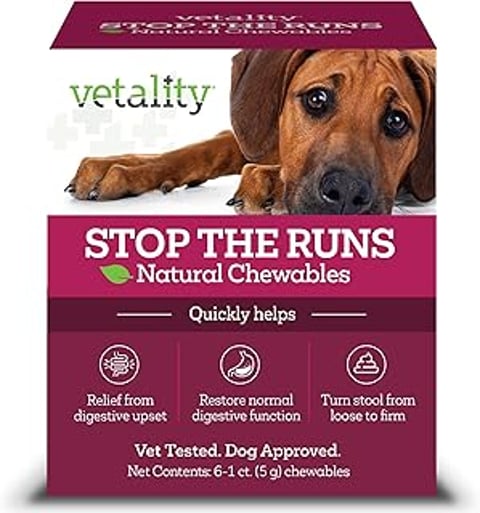 A box of Vetality Stop The Runs natural chewables.