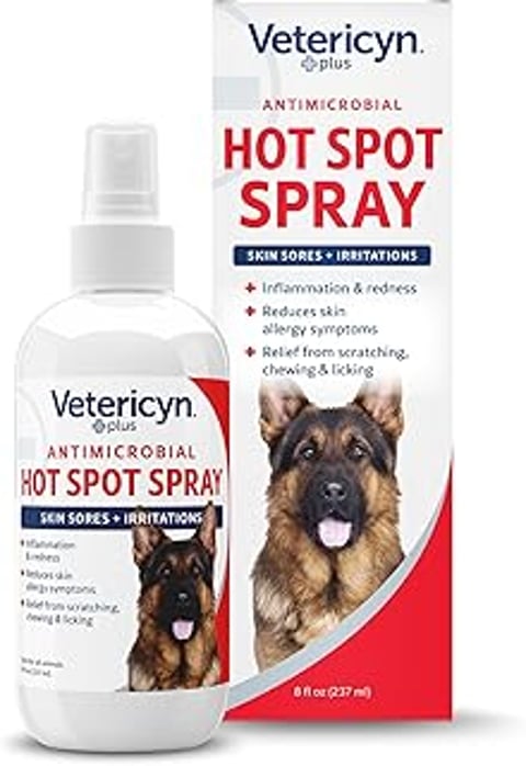 A bottle of Vetericyn Plus Hot Spot Spray for dogs.
