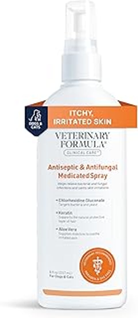 A bottle of Veterinary Formula Clinical Care Antiseptic and Antifungal Medicated Spray.