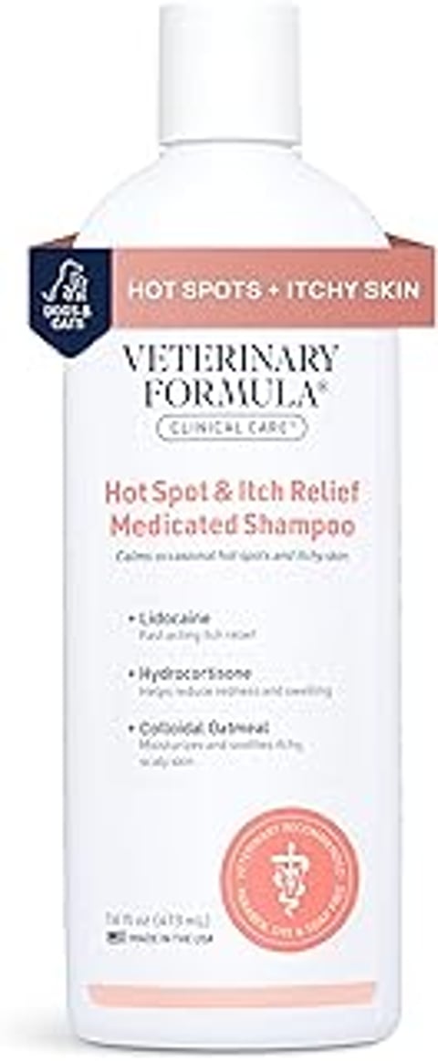 A bottle of Veterinary Formula Clinical Care Hot Spot & Itch Relief Cat & Dog Medicated Conditioner.