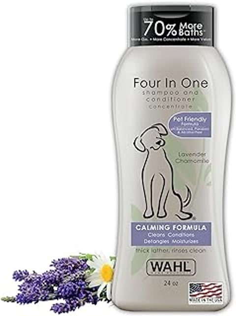 A bottle of Calming Formula by Wahl.