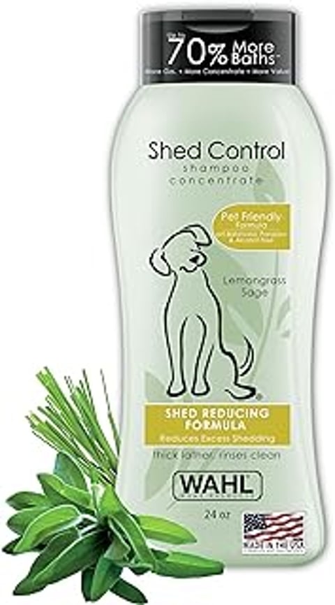 A bottle of Shed Control pet shampoo.