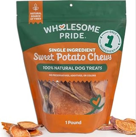 A bag of Wholesome Pride Sweet Potato Chews.