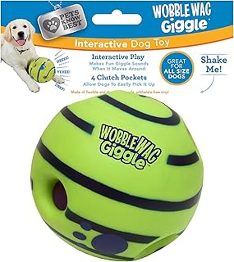 A green and black Wobble Wag Giggle Ball.