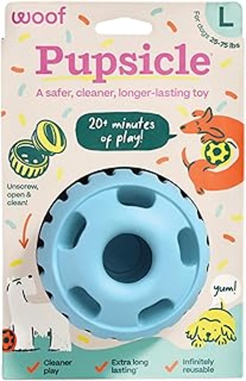 A blue and yellow dog toy with the words "Woof Party Pupsicle" written on it.