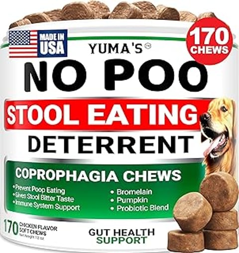 A dog food product called Yuma's No Poo Stool Eating Detertent.