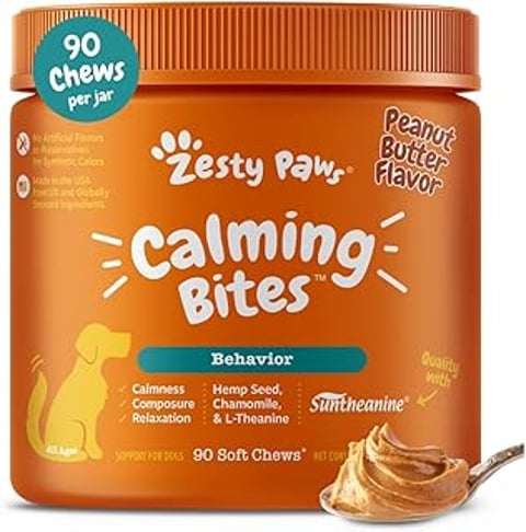 A jar of Zesty Paws Calming Chews for Dogs.