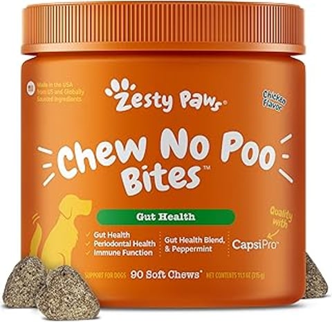 A jar of Zesty Paws Chew No Poo Bites.